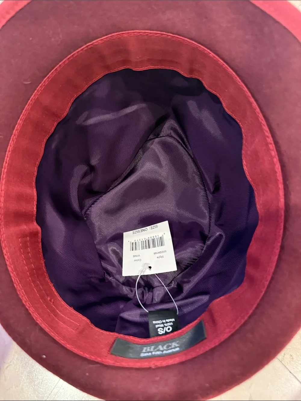Saks Fifth Avenue Burgundy Womans Felt Fedora with Yellow Dot Band